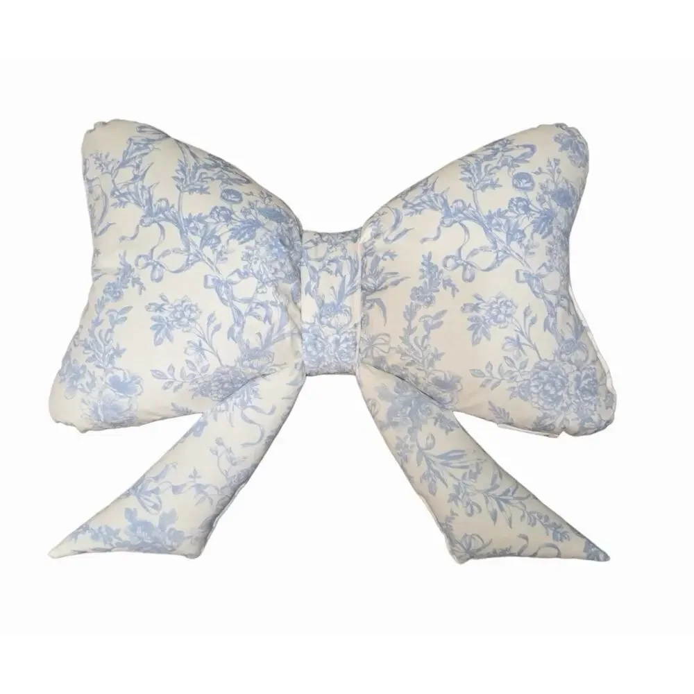 Envogue Blue Floral Toile Pattern Decor Bow Pillow Viral Coquette Cottagecore